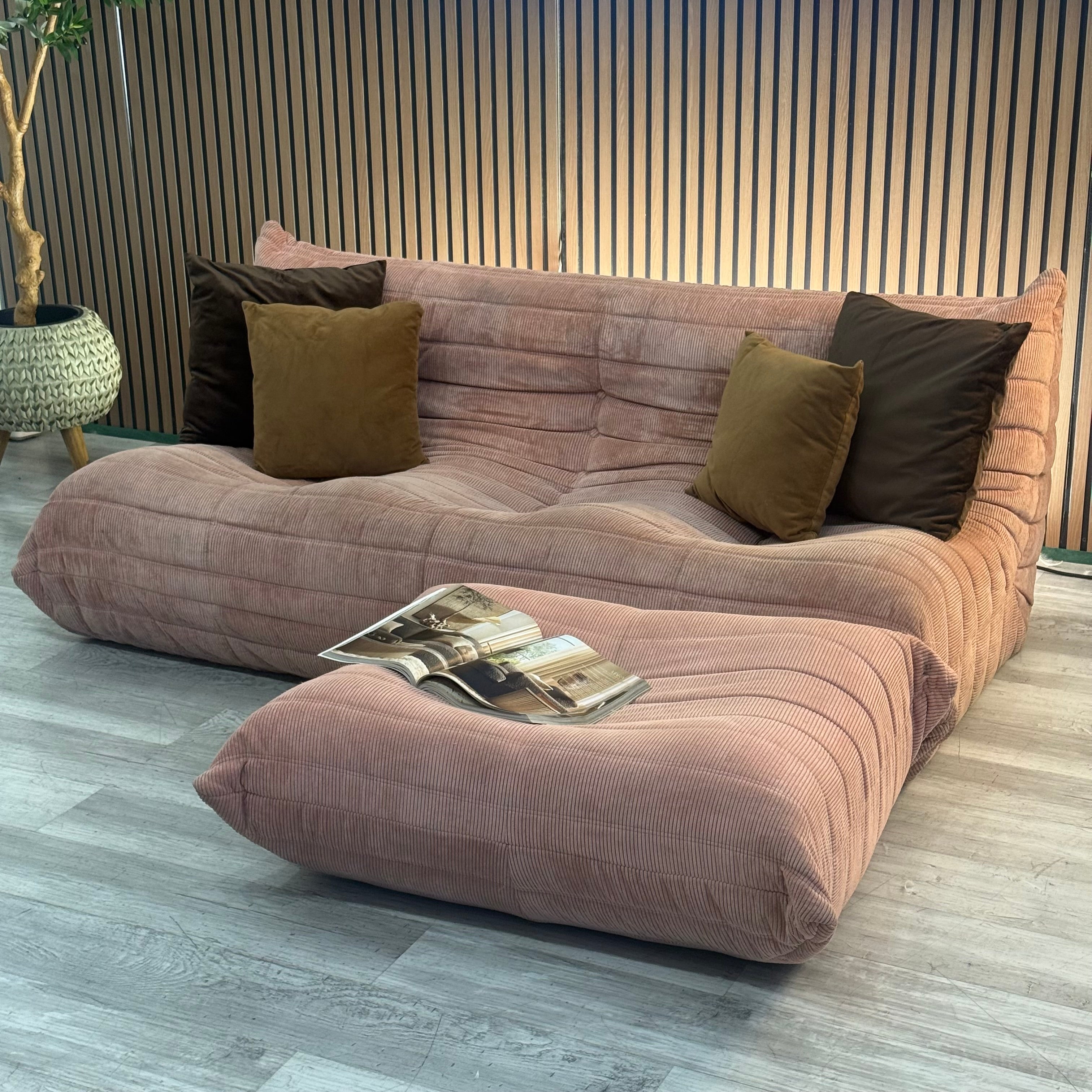 Pink Corduroy Sofa with Ottoman