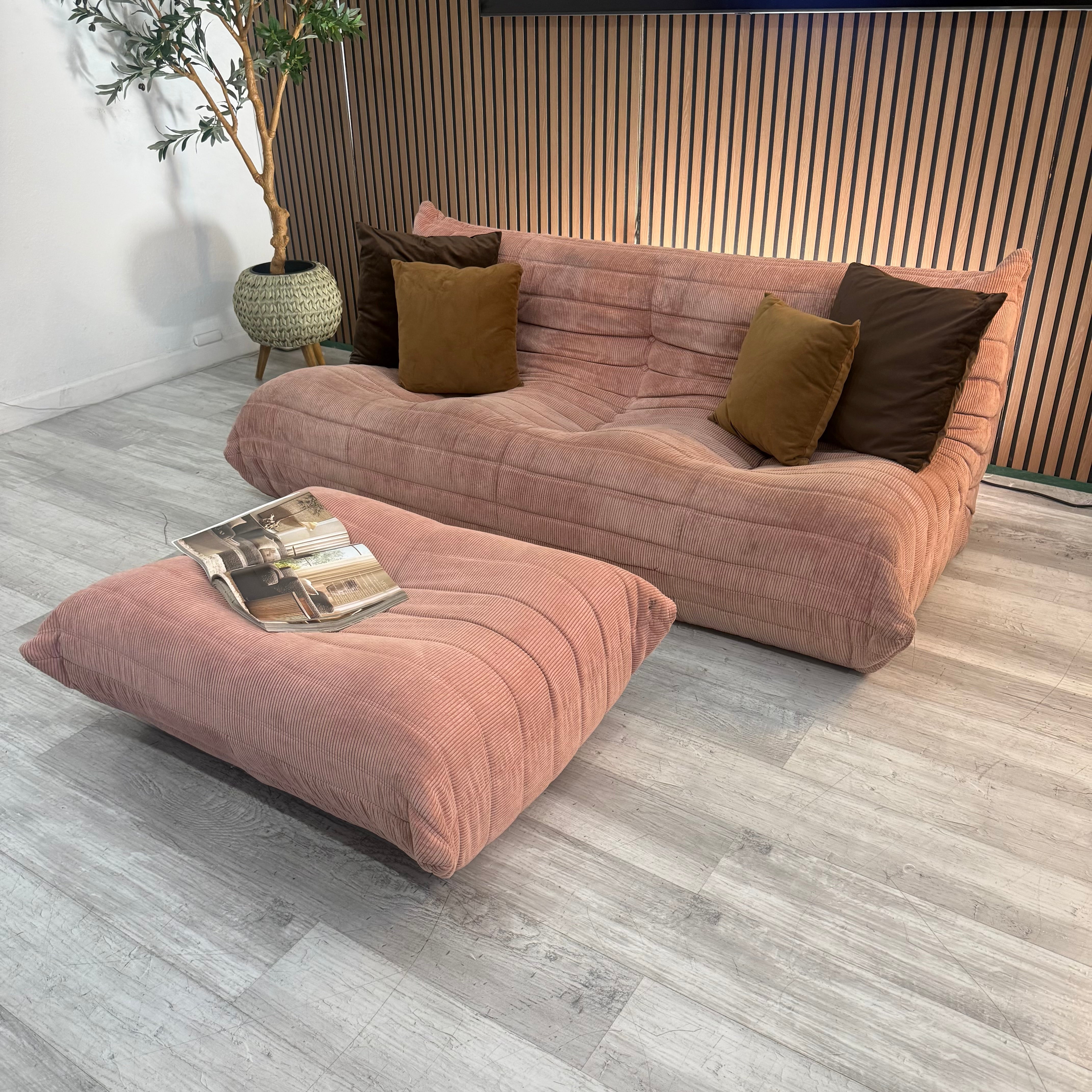 Pink Corduroy Sofa with Ottoman