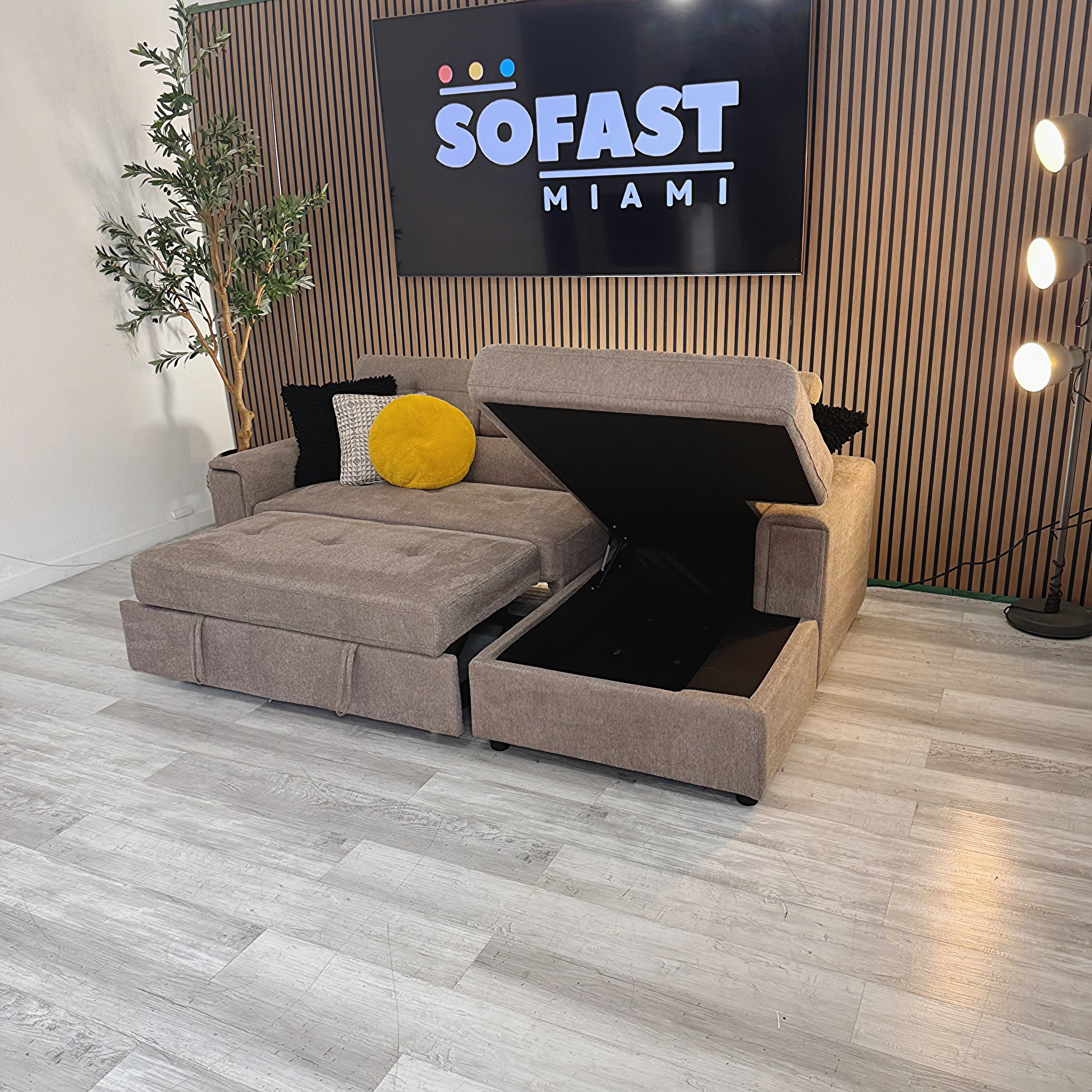 Sectional Couch with Sleeping Chaise & Storage – Taupe Gray Fabric