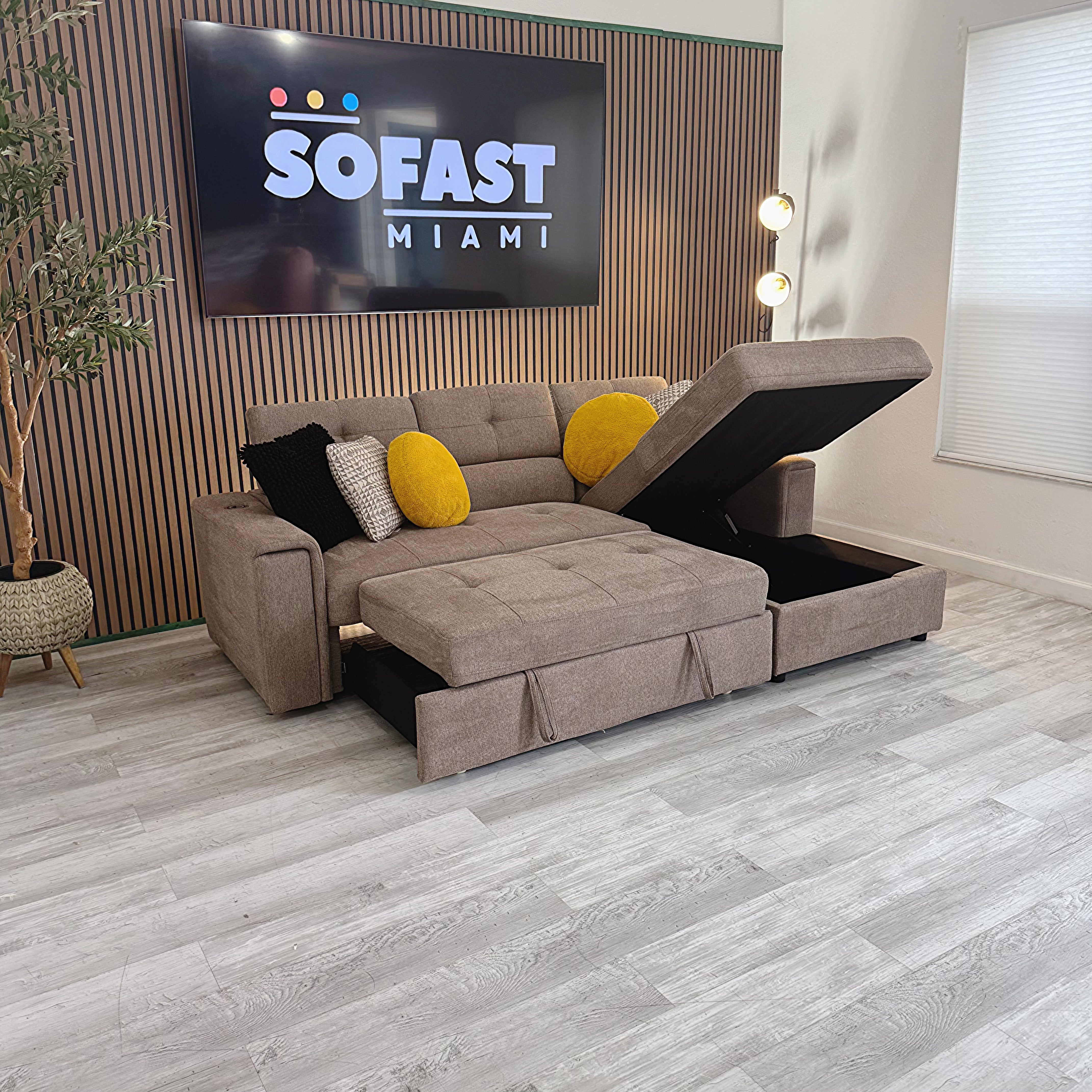 Sectional Couch with Sleeping Chaise & Storage – Taupe Gray Fabric