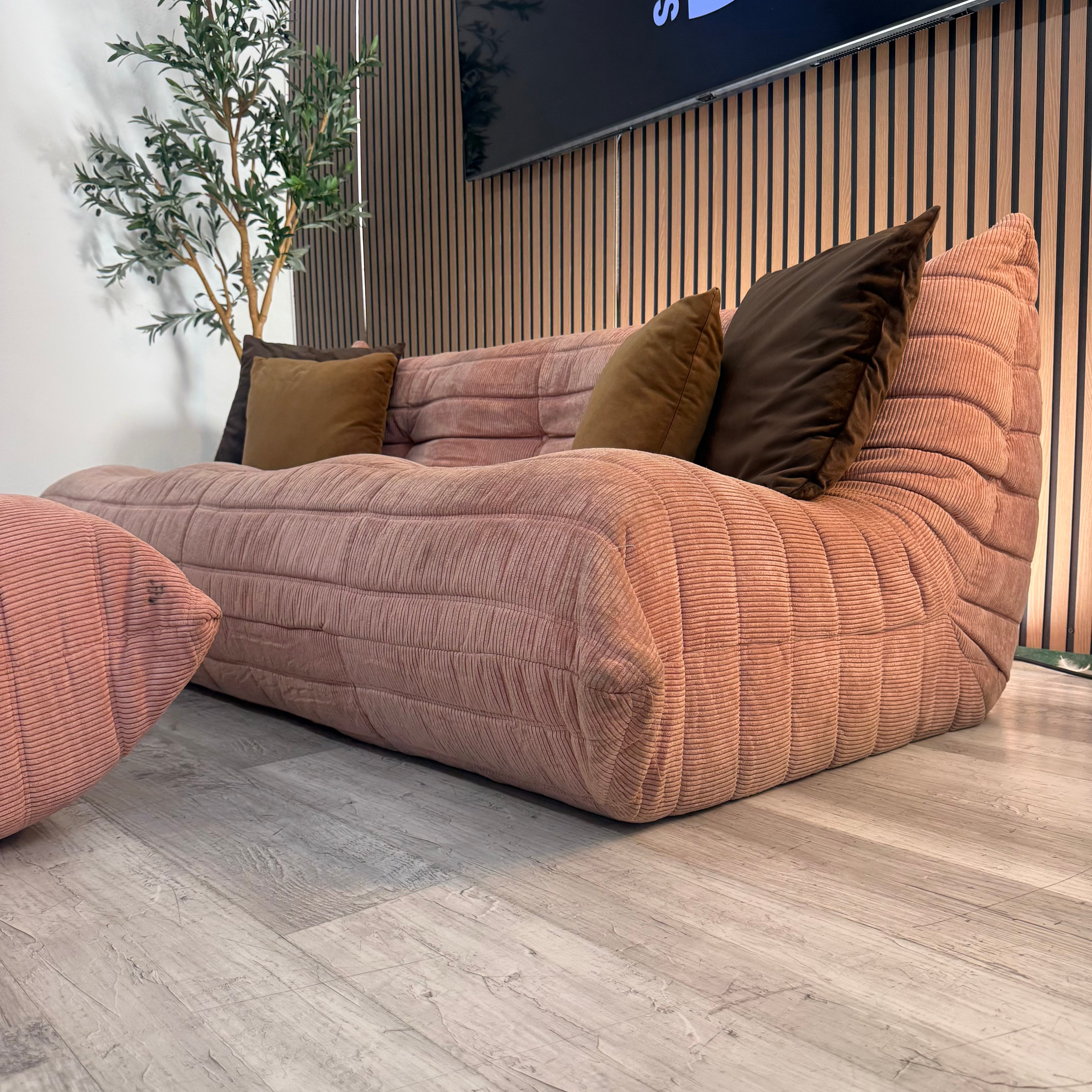 Pink Corduroy Sofa with Ottoman