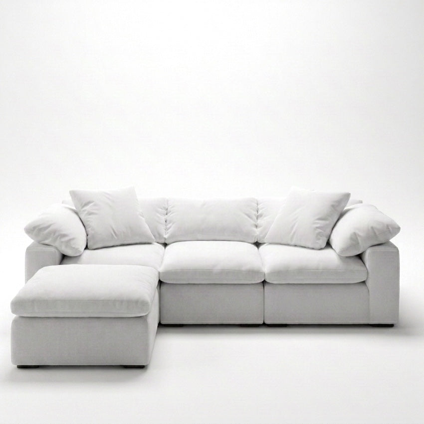Cloud 4-Piece Sectional with Ottoman white - front view, ottoman left