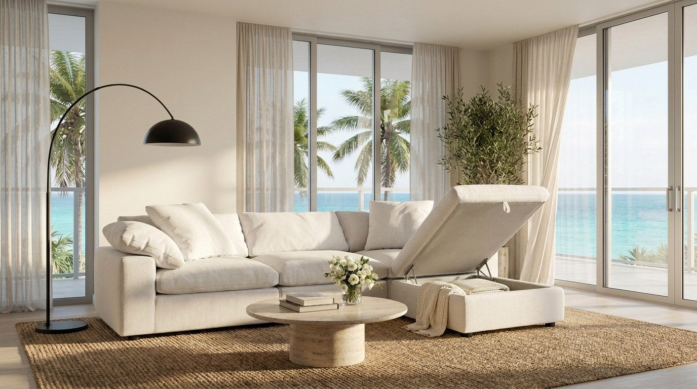 Modular Storage sectional with open lift-top chaise in Miami condo - hero desktop