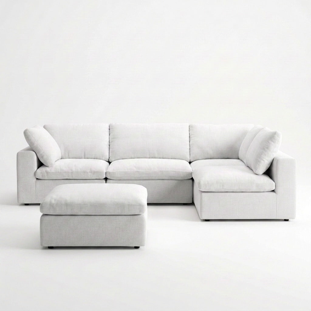 Storage 5-Piece Sectional white woven fabric - front view with storage ottoman