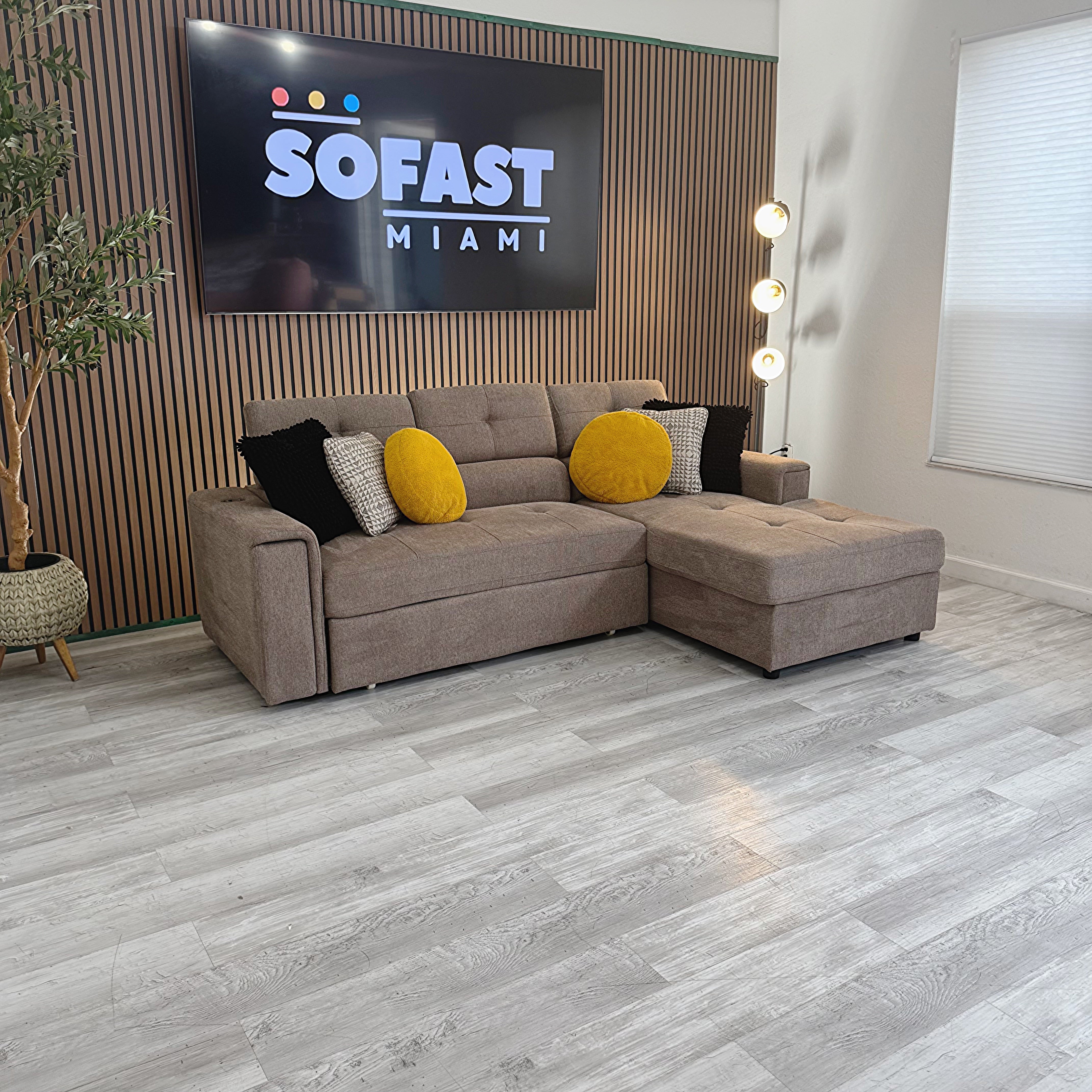 Sectional Couch with Sleeping Chaise & Storage – Taupe Gray Fabric