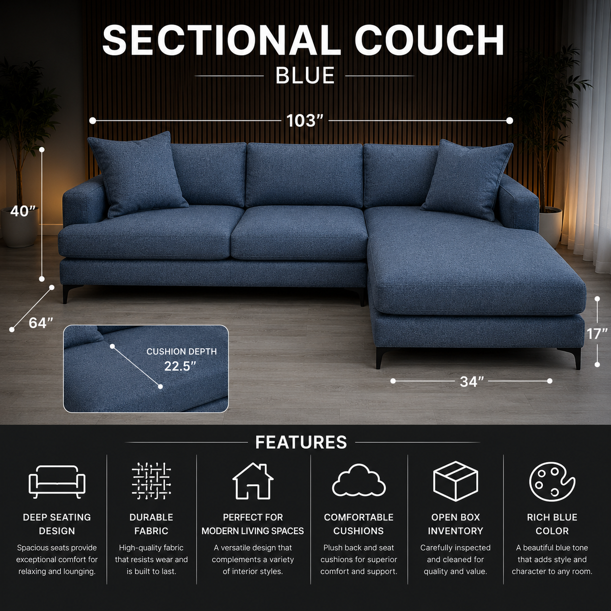 Blue Fabric Sectional Couch