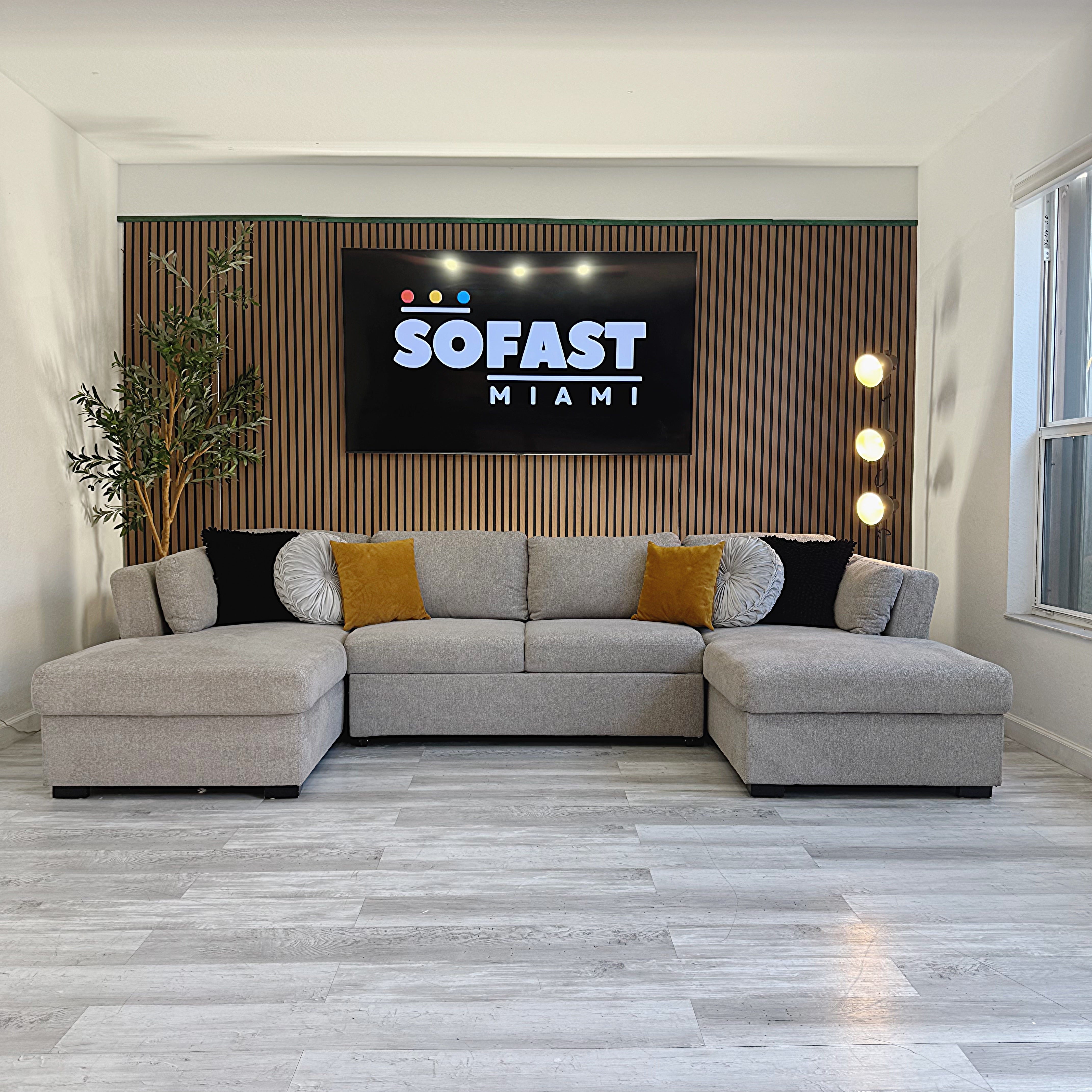 Sectional Convertible Thomasville Corvalis – Gray Fabric with Double Storage Chaise & Center Sleeper