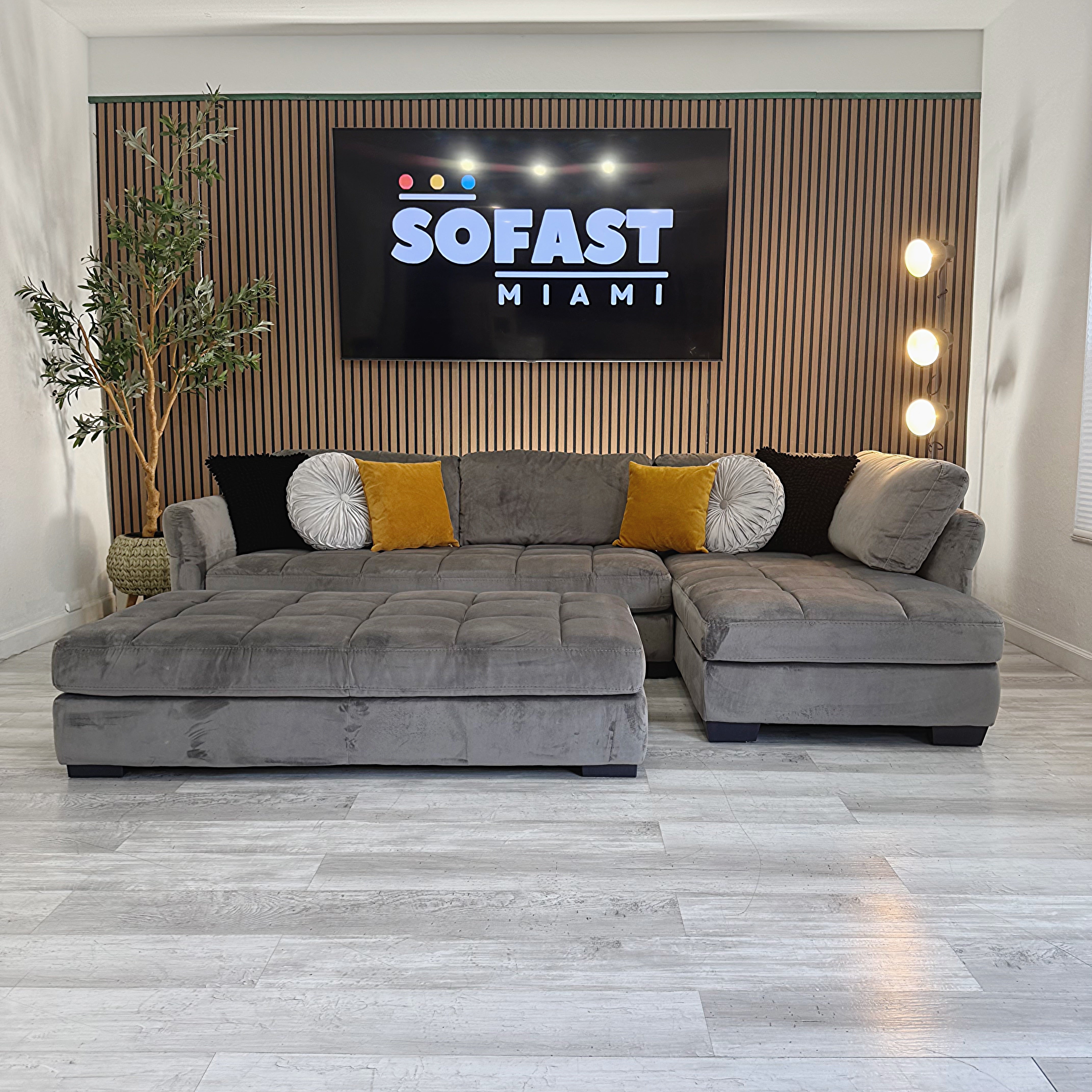 Sectional Couch – Gray Velvet with Ottoman