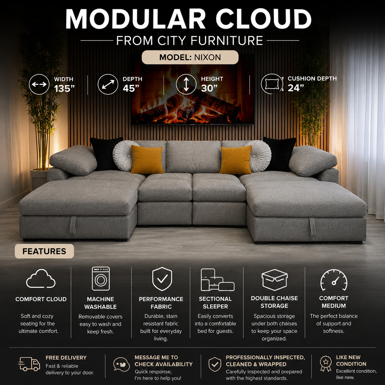 Sectional Couch Sleeper with Double Chaise Storage