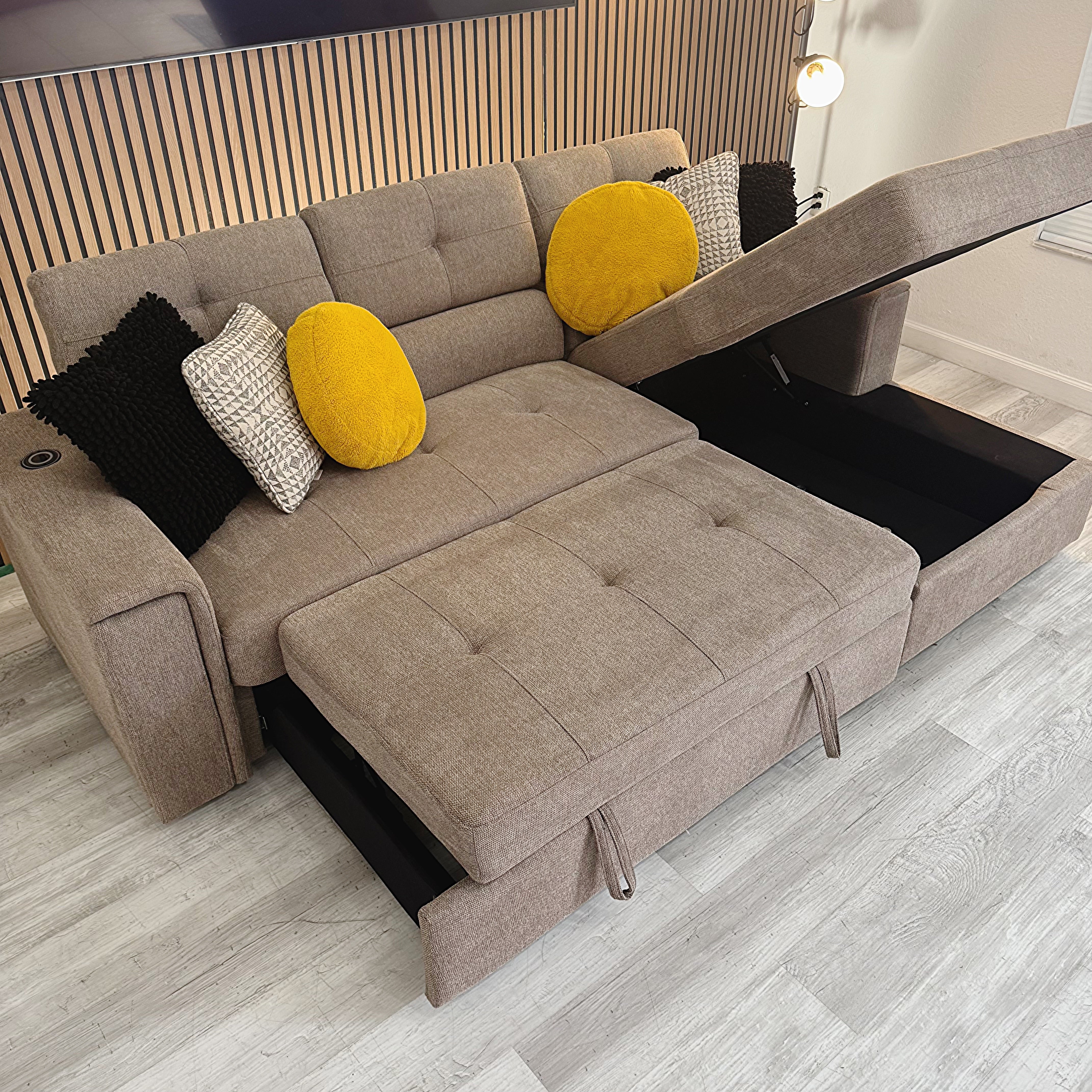 Sectional Couch with Sleeping Chaise & Storage – Taupe Gray Fabric