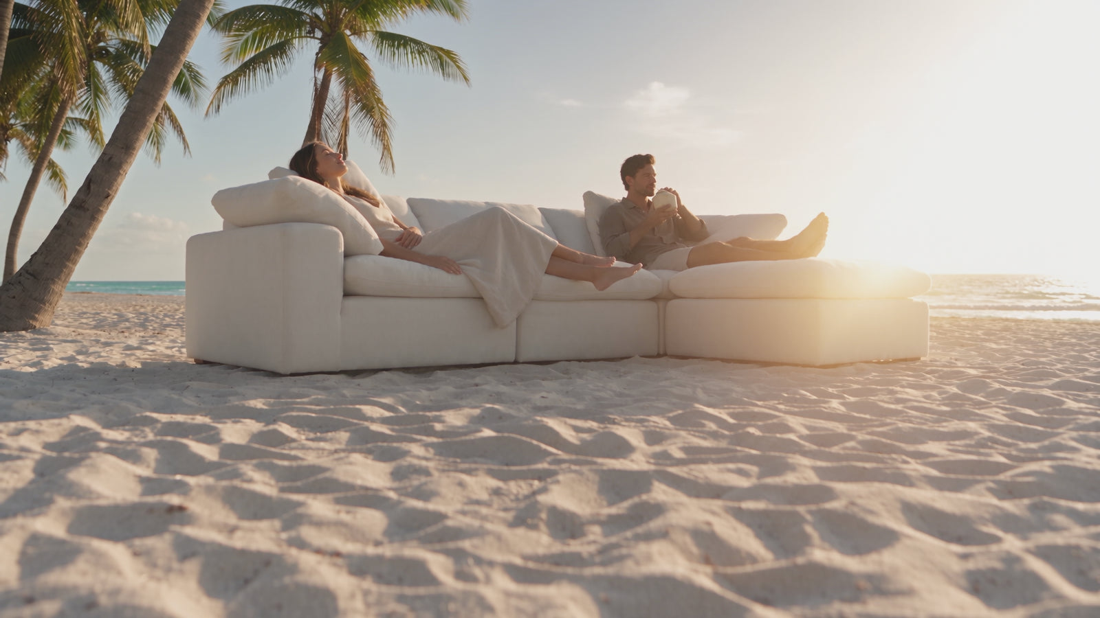 SOFAST Miami Cloud sofa commercial on the beach at golden hour