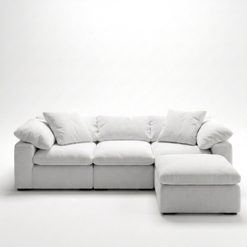 Cloud 4-Piece Sectional with Ottoman white performance fabric - front view, ottoman right